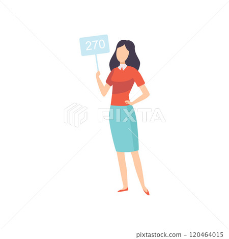 Young Woman Bidding in Public Auction House, Girl Standing and Raising Paddle with Number to Buy Piece of Art Vector Illustration Young Woman Bidding in Public Auction House, Girl Standing and Raising Paddle with Number to Buy Piece of Art Vector Illustration 120464015
