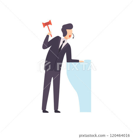 Male Auctioneer with Gavel Standing Behind Special Stand and Announcing Price Vector Illustration 120464016