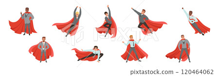 Man Businessman in Red Superhero Cloak Action Pose Vector Set 120464062