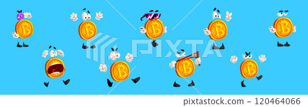 Golden Bitcoin Character with Different Emotion on Blue Background Vector Set Golden Bitcoin Character with Different Emotion on Blue Background Vector Set 120464066
