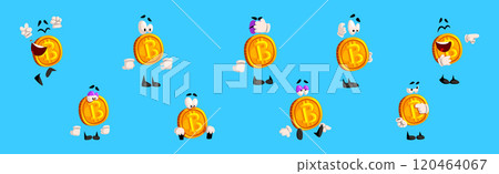 Golden Bitcoin Character with Different Emotion on Blue Background Vector Set 120464067