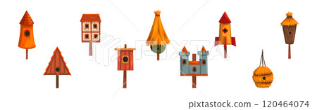 Wooden Birdhouse and Nesting Box for Feeding Bird Vector Set 120464074