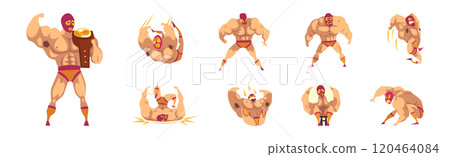Muscular Man Wrestler in Different Pose and Action Vector Set 120464084