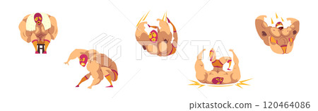 Muscular Man Wrestler in Different Pose and Action Vector Set 120464086
