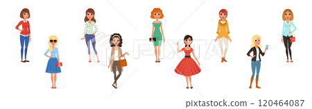 Retro Stylish Young Woman Dressed in Trendy Clothes Vector Set Retro Stylish Young Woman Dressed in Trendy Clothes Vector Set 120464087