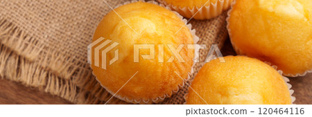 Four homemade muffins on a burlap surface. Soft golden color contrasts with the rustic background. Perfect for healthy snacks or comfort food moments. Close up Four homemade muffins on a burlap surface. Soft golden color contrasts with the rustic background. Perfect for healthy snacks or comfort food moments. Close up 120464116