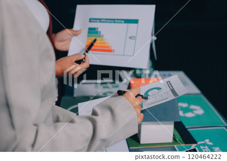 Carbon offset price report CO2 emission. Future growth Net zero waste in ESG ethical SME office protect climate change global warming social issues project. Group of asia people Eco friendly SDGs plan 120464222