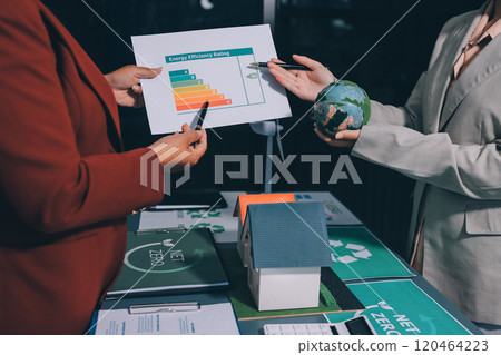 Carbon offset price report CO2 emission. Future growth Net zero waste in ESG ethical SME office protect climate change global warming social issues project. Group of asia people Eco friendly SDGs plan 120464223