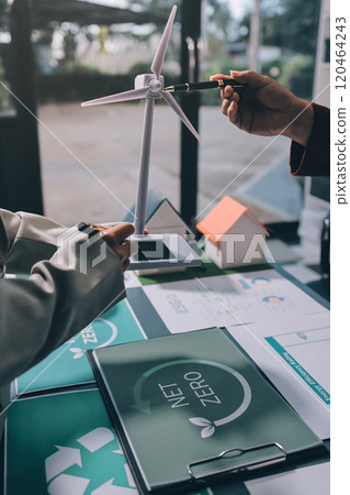 Carbon offset price report CO2 emission. Future growth Net zero waste in ESG ethical SME office protect climate change global warming social issues project. Group of asia people Eco friendly SDGs plan 120464243