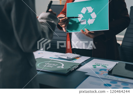 Carbon offset price report CO2 emission. Future growth Net zero waste in ESG ethical SME office protect climate change global warming social issues project. Group of asia people Eco friendly SDGs plan 120464244