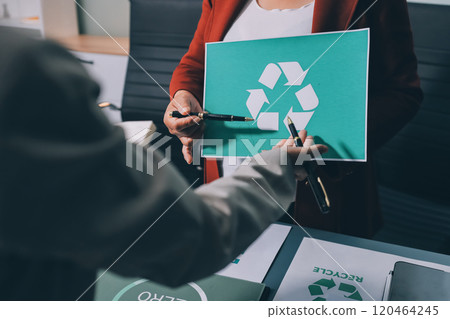 Carbon offset price report CO2 emission. Future growth Net zero waste in ESG ethical SME office protect climate change global warming social issues project. Group of asia people Eco friendly SDGs plan Carbon offset price report CO2 emission. Future growth Net zero waste in ESG ethical SME office protect climate change global warming social issues project. Group of asia people Eco friendly SDGs plan 120464245