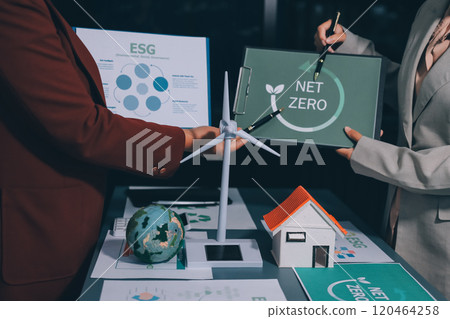 Carbon offset price report CO2 emission. Future growth Net zero waste in ESG ethical SME office protect climate change global warming social issues project. Group of asia people Eco friendly SDGs plan 120464258