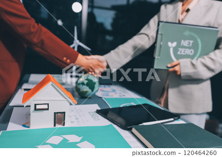 Carbon offset price report CO2 emission. Future growth Net zero waste in ESG ethical SME office protect climate change global warming social issues project. Group of asia people Eco friendly SDGs plan 120464260