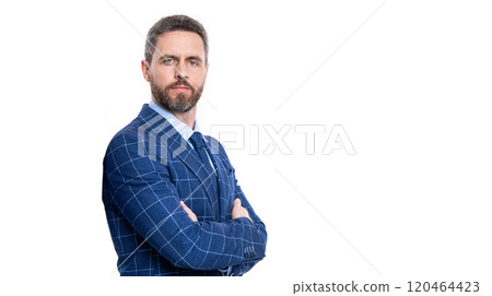 Confident entrepreneur. Business leadership. Man professional Hispanic CEO expressing success. Businessman isolated on white. Business success. Successful CEO in suit. True leader 120464423