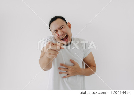 Big laugh funny face man in white t-shirt isolate on white. 120464494