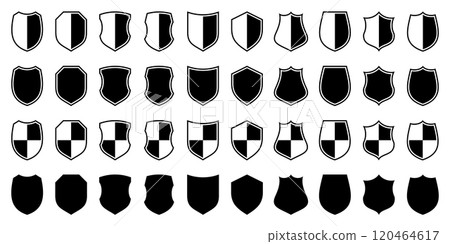 Set of various vintage shield icons. Black heraldic shields. Protection and security symbol, label. Vector illustration. Set of various vintage shield icons. Black heraldic shields. Protection and security symbol, label. Vector illustration. 120464617