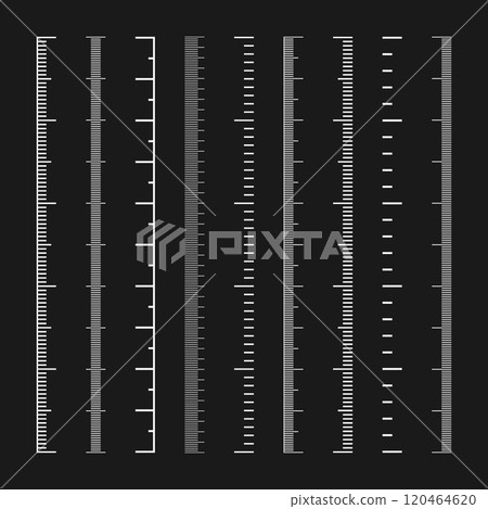 Vertical measurement scales with divisions. Realistic scale for measuring length or height in centimeters, millimeters or inches. Ruler, tape measure marks, size indicators. Vector illustration 120464620