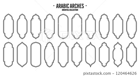 Islamic frames, oriental style objects. Arabic shapes, windows and arches. Traditional ornamental banner, frame. Muslim holidays, Ramadan Kareem. Modern eastern architecture. Vector illustration 120464626