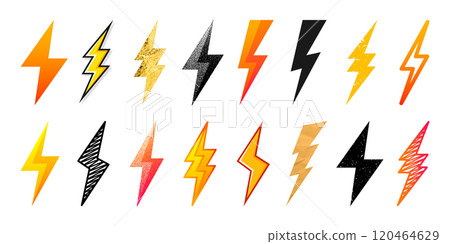 Lightning bolt icons collection. Golden, grunge, stippled, hand drawn flash symbol, thunderbolt. Dot drawing. Simple lightning strike sign. Vector illustration Lightning bolt icons collection. Golden, grunge, stippled, hand drawn flash symbol, thunderbolt. Dot drawing. Simple lightning strike sign. Vector illustration 120464629