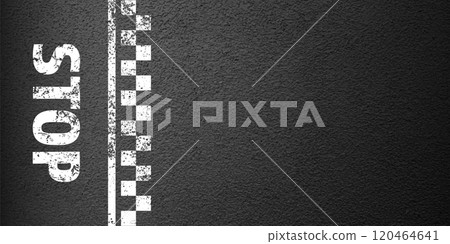 Asphalt road with stop lane marking, concrete highway surface, texture. Street traffic line, road dividing strip. Pattern with grainy structure, grunge stone background. Vector illustration 120464641