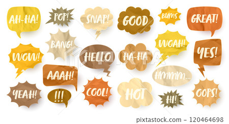 Crumpled brown paper comic speech bubbles. Hand drawn retro cartoon stickers with text. Pop art style. Old, vintage dialog boxes with cardboard texture. Vector illustration Crumpled brown paper comic speech bubbles. Hand drawn retro cartoon stickers with text. Pop art style. Old, vintage dialog boxes with cardboard texture. Vector illustration 120464698
