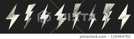 Silver lightning bolt icons collection. Gold foil texture. Flash symbol, thunderbolt. Simple lightning strike sign. Vector illustration Silver lightning bolt icons collection. Gold foil texture. Flash symbol, thunderbolt. Simple lightning strike sign. Vector illustration 120464702