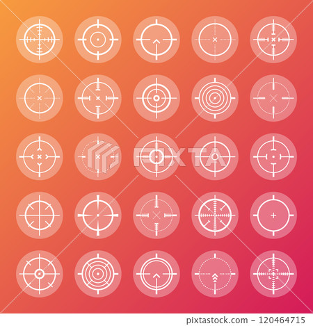 Colorful sniper rifle sights, weapon optical scope crosshair. Hunting gun viewfinder. Shooting mark symbol, aim. Military target sign. Game interface UI element. Vector illustration 120464715