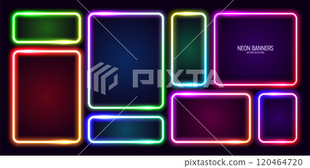 Colorful glowing neon banners, illuminated square frames. Shiny vibrant border, glow effect. Purple vintage retro lights, night illumination. Modern futuristic UI design elements. Vector illustration Colorful glowing neon banners, illuminated square frames. Shiny vibrant border, glow effect. Purple vintage retro lights, night illumination. Modern futuristic UI design elements. Vector illustration 120464720