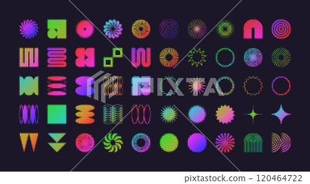 Brutalist geometric shapes, modern symbols with halftone effect. Colorful neon simple primitive elements and forms. Retro design, trendy contemporary minimalist style, y2k. Vector illustration Brutalist geometric shapes, modern symbols with halftone effect. Colorful neon simple primitive elements and forms. Retro design, trendy contemporary minimalist style, y2k. Vector illustration 120464722