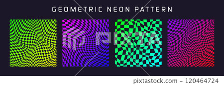 Groovy checkered pattern, colorful distorted tiled grid. Vintage wavy curved backdrop, distortion effect. Funky geometric chessboard texture, retro background in 90s style, y2k. Vector illustration 120464724