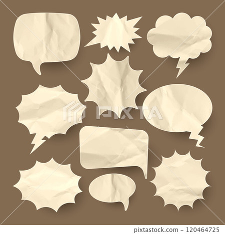 Crumpled brown paper comic speech bubbles. Hand drawn retro cartoon stickers. Pop art style. Old, vintage dialog boxes with cardboard texture. Vector illustration 120464725
