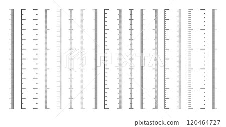 Vertical measurement scales with divisions. Realistic scale for measuring length or height in centimeters, millimeters or inches. Ruler, tape measure marks, size indicators. Vector illustration 120464727