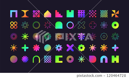 Brutalist geometric shapes, modern symbols. Colorful neon simple primitive elements and forms. Retro design, trendy contemporary minimalist style, y2k. Vector illustration Brutalist geometric shapes, modern symbols. Colorful neon simple primitive elements and forms. Retro design, trendy contemporary minimalist style, y2k. Vector illustration 120464728