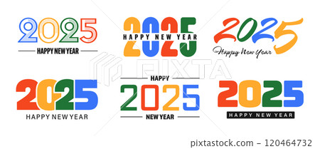 Set of 2025 Happy New Year greeting text designs. Christmas banner, poster, festive greeting card or seasonal promotion template. Collection of 2025 numbers with greetings. Vector illustration 120464732
