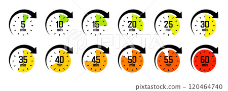 Stopwatch icons with pointer arrow. Colorful chronometer, time counter with dial. Countdown time, hours and minutes. Deadline, sport measurement. Cooking time label, sticker. Vector illustration 120464740