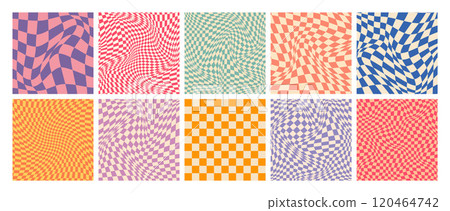 Groovy checkered pattern, colorful distorted tiled grid. Vintage wavy curved backdrop, distortion effect. Funky geometric chessboard texture, retro background in 90s style, y2k. Vector illustration 120464742