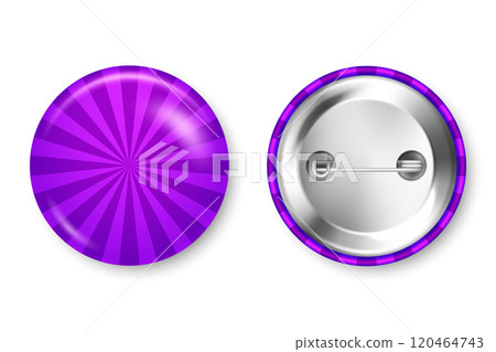 Realistic colorful funky badges. Sunburst effect. Glossy 3D round button. Pin badge, brooch mockup for product promotion and advertising. Vector illustration Realistic colorful funky badges. Sunburst effect. Glossy 3D round button. Pin badge, brooch mockup for product promotion and advertising. Vector illustration 120464743
