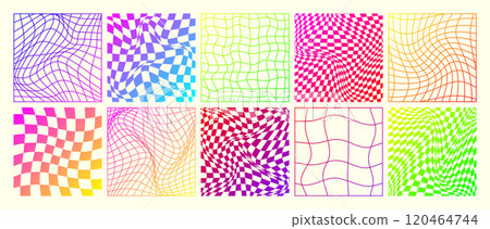 Groovy checkered pattern, neon distorted tiled grid. Vintage wavy curved backdrop, distortion effect. Funky geometric chessboard texture, retro background in 90s style, y2k. Vector illustration Groovy checkered pattern, neon distorted tiled grid. Vintage wavy curved backdrop, distortion effect. Funky geometric chessboard texture, retro background in 90s style, y2k. Vector illustration 120464744