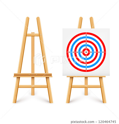 Shooting range target on a wooden easel stand. Paper target with divisions, marks and numbers. Archery, gun shooting and training, sport competition, hunting. Bullseye and aim. Vector illustration 120464745