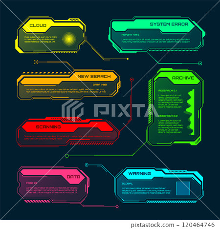 Futuristic HUD or UI elements. Sci-fi user interface text boxes, callouts. Colorful warning message frame, information boxes template. Modern game interface layout, digital style. Vector illustration 120464746