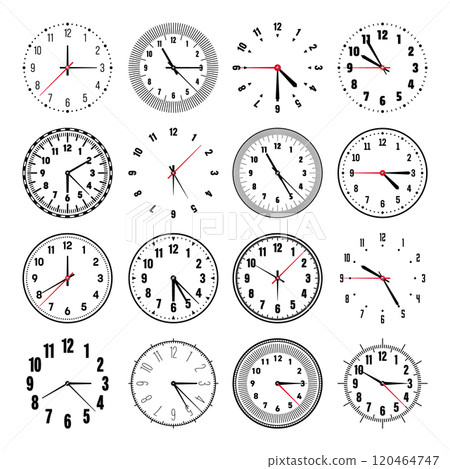 Mechanical clock faces with hands, bezel. Watch dial with minute, hour marks and numbers, arabic numerals. Timer or stopwatch element. Measuring circle scale with divisions. Vector illustration Mechanical clock faces with hands, bezel. Watch dial with minute, hour marks and numbers, arabic numerals. Timer or stopwatch element. Measuring circle scale with divisions. Vector illustration 120464747