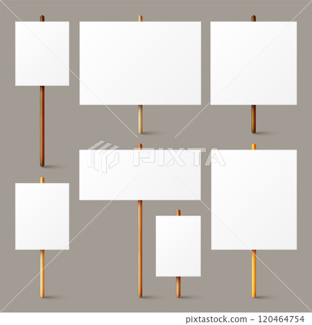 Blank white protest sign with wooden holder. Various realistic vector demonstration banners. Strike action cardboard placard mockup. Social advertisement. Vector illustration 120464754