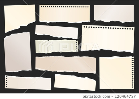 Ripped paper strips. Realistic crumpled paper scraps with torn edges. Shreds of notebook, book or old newspaper pages. Trendy collage elements. Vector illustration Ripped paper strips. Realistic crumpled paper scraps with torn edges. Shreds of notebook, book or old newspaper pages. Trendy collage elements. Vector illustration 120464757