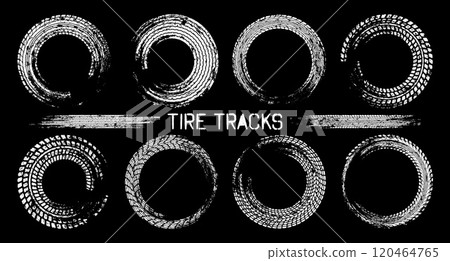 Grunge circle tire tracks, wheel braking marks. Truck, car or motorcycle tread pattern silhouettes. Auto race, motorsport, speed racing design element. Vector illustration 120464765