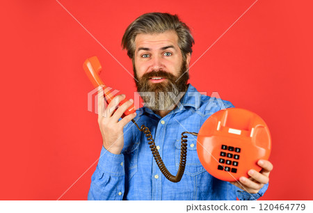 Get spotted with us. vintage technology in modern life. young man talking on telephone. senior man hipster showing old telephone. brutal guy with telephone. mature bearded man talk on retro phone Get spotted with us. vintage technology in modern life. young man talking on telephone. senior man hipster showing old telephone. brutal guy with telephone. mature bearded man talk on retro phone 120464779