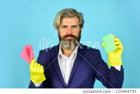 Clean office. Hygiene. Virus disinfection. Man protective rubber gloves. Destroy microorganisms. Disinfection concept. Bearded businessman. Spring cleaning. Hipster clean office. Virus and microbe Clean office. Hygiene. Virus disinfection. Man protective rubber gloves. Destroy microorganisms. Disinfection concept. Bearded businessman. Spring cleaning. Hipster clean office. Virus and microbe 120464791
