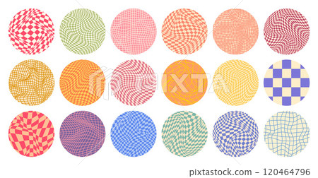 Groovy checkered pattern, round colorful tiled grid. Vintage wavy curved backdrop, distortion effect. Funky geometric chessboard texture, retro background in 90s style, y2k. Vector illustration 120464796