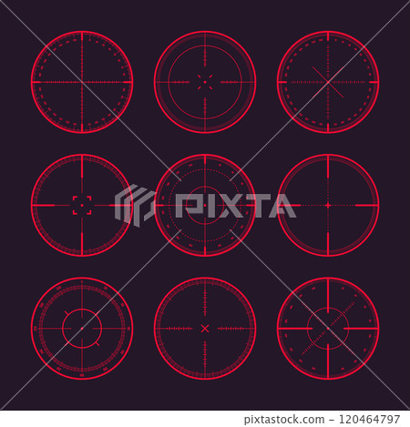 Various sniper rifle sights with degree scale, weapon optical scope crosshair. Hunting gun viewfinder. Shooting mark symbol, aim. Military target sign. Game interface UI element. Vector illustration 120464797