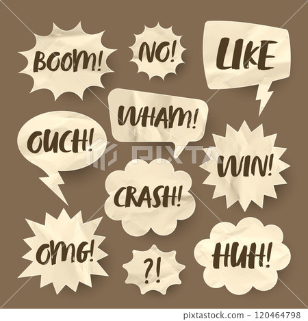 Crumpled brown paper comic speech bubbles. Hand drawn retro cartoon stickers with text. Pop art style. Old, vintage dialog boxes with cardboard texture. Vector illustration 120464798