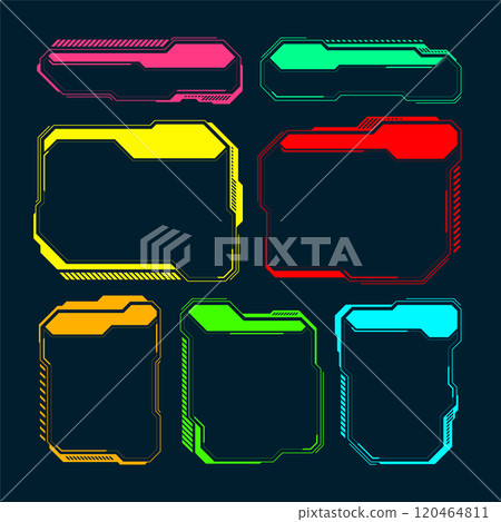 Futuristic HUD or UI elements. Sci-fi user interface text boxes, callouts. Colorful warning message frame, information boxes template. Modern game interface layout, digital style. Vector illustration 120464811